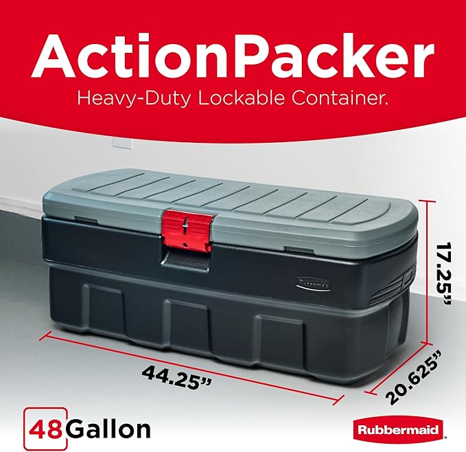 Rubbermaid 48 Gallon Black Action Packer Lockable Latch Indoor and Outdoor Storage Box Container for Home, Garage, Backyard, Single