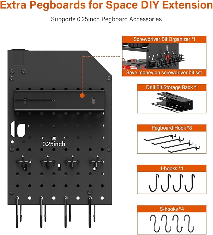JUNNUJ Large Pegboard Power Tool Organizer with Charging Station, 8 Drills Driver and Tools Battery Holder Wall Mount with 8 Outlet Power Strip, Black 3-Layer Shop Garage Storage Utility Rack