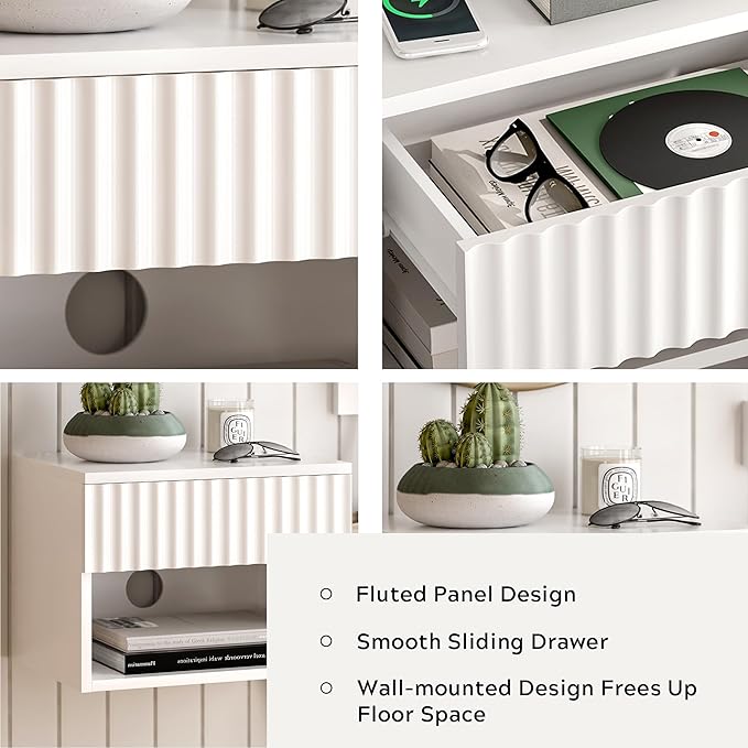 Floating Nightstands Set of 2 with Drawer and Open Shelf, Small Wall Mounted Bedside End Table, Modern Fluted Night Stand for Bedroom, Living Room, White