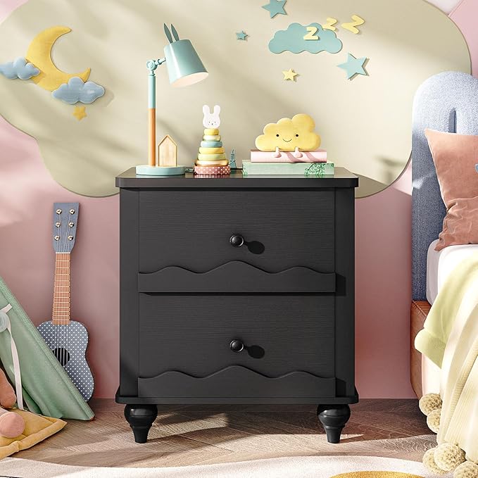 Cyclysio Nightstand with Charging Station, Side End Table with 2 Drawers, Modern Wood Night Stand with Scalloped Pattern for Bedroom, Bedside Night Tables with Solid Wood Gourd Legs