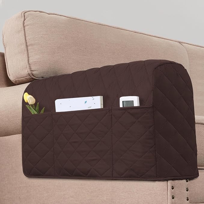 H.VERSAILTEX Couch Arm Covers Water Resistant Armrest Covers for Sofa Remote Control Holder Sofa Armrest Organizer for Magazine, Tablet, Phone, iPad(Set of 2, Brown/Beige)