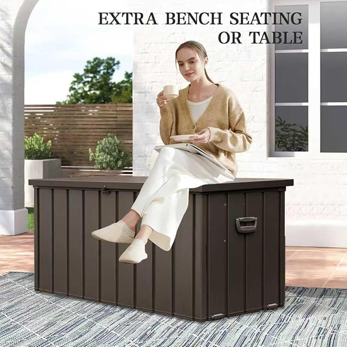 Domi 150 Gallon Metal Deck Box Waterproof, Outdoor Storage Box with Lock Wheels Side Handles Outside Storage Box for Patio Cushions, Shoes & Pool Tools