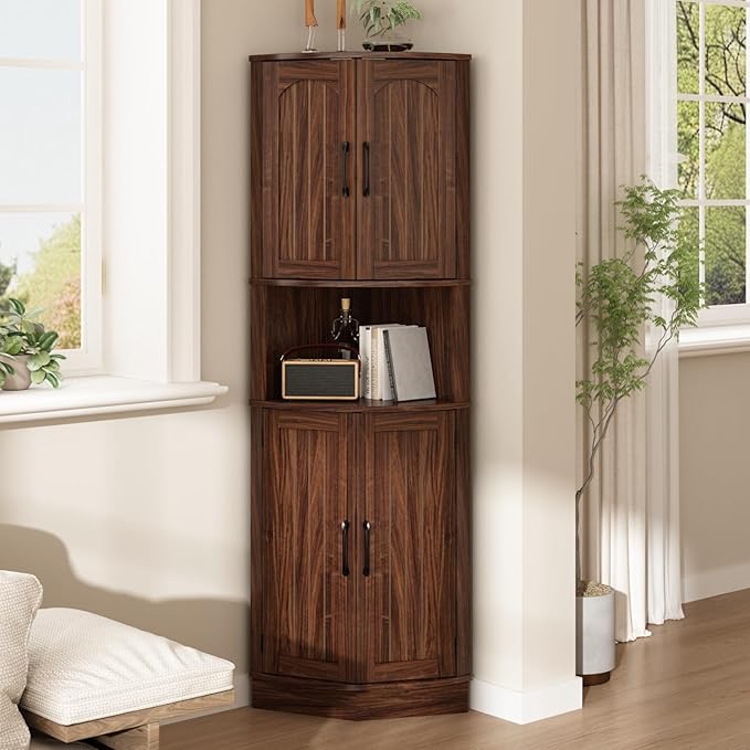 Tall Corner Cabinet, 64.7" Corner Storage Cabinet with 4 Doors and 5 Storage Shelves, Farmhouse Space Saver with Arched Door Design for Living Room, Kitchen, Bathroom, Office