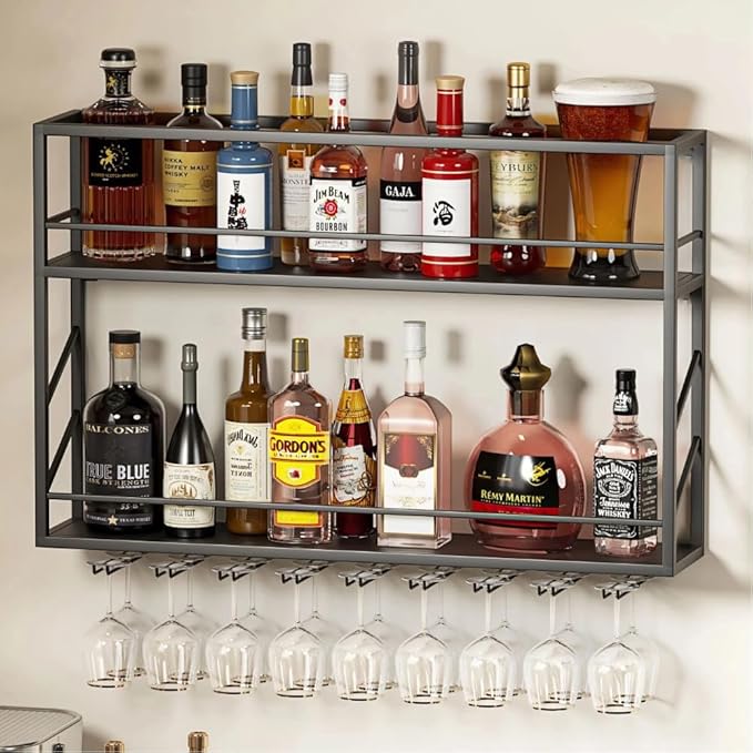 Wall Mounted Wine Rack with Glass Holder, 2-Tier Multi-Functional Shelf for Home, Restaurant, and Bar Storage (39.3”W x 7.8”D x 26”H)