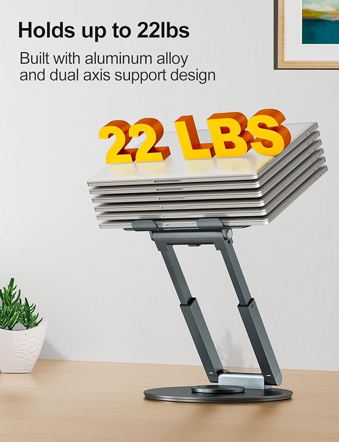 tounee Telescopic Laptop Stand for Desk with 360° Swivel Base, Sit to Stand, Height Adjustable, Portable Riser Holder for Good Posture, Compatible with MacBook Pro, All Laptops 10-17"-Gray