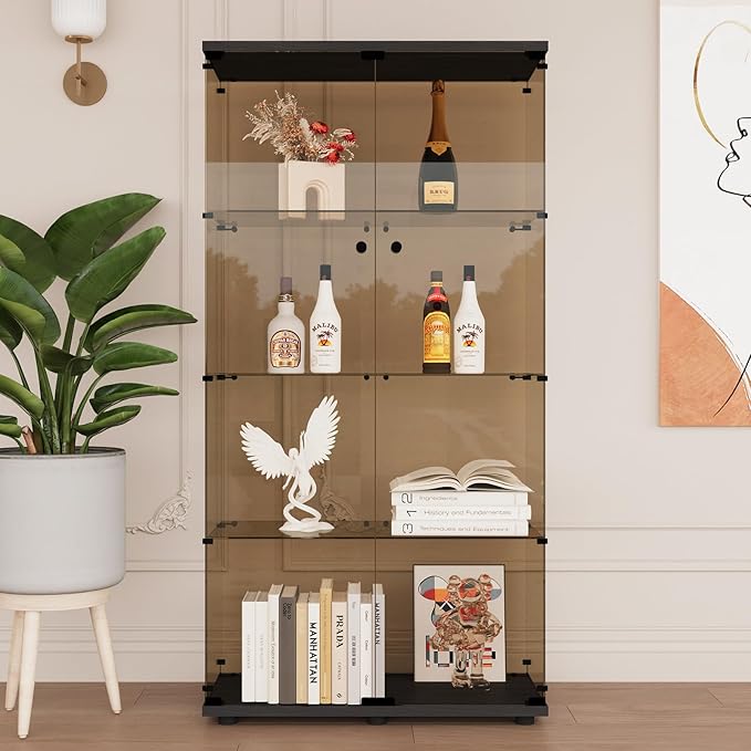 Beauty4U Glass Display Cabinet with 4 Shelves, 2 Doors Curio Cabinets for Living Room, Bedroom, Office, 5mm Brown Tempered Glass Floor Standing Bookshelf, Quick Installation