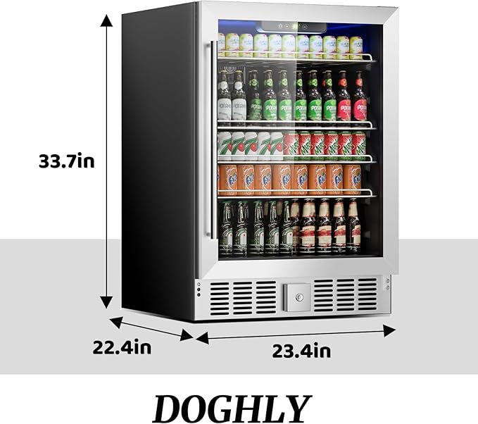 24 Inch Beverage Refrigerator, 182 Cans Built-in Cooler, Digital Temperature Control, LED Lighting, Adjustable Shelves, Freestanding Beer Fridge for Home, Bar, Office(5.3 Cu ft)