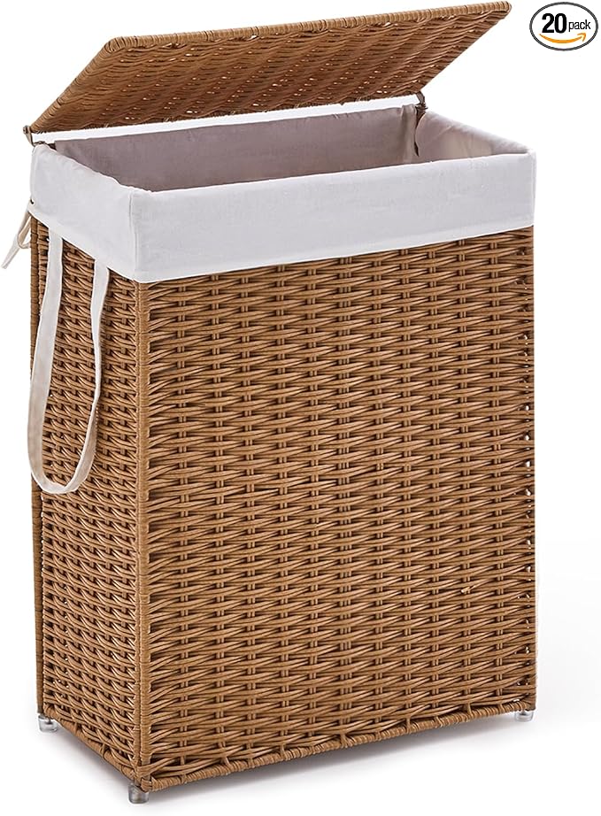 Slim Wicker Laundry Hamper with Lid, 55L Handwoven Rattan Basket with Handles, Narrow Laundry Basket with Removable Liner Bag & 2 Mesh Bags