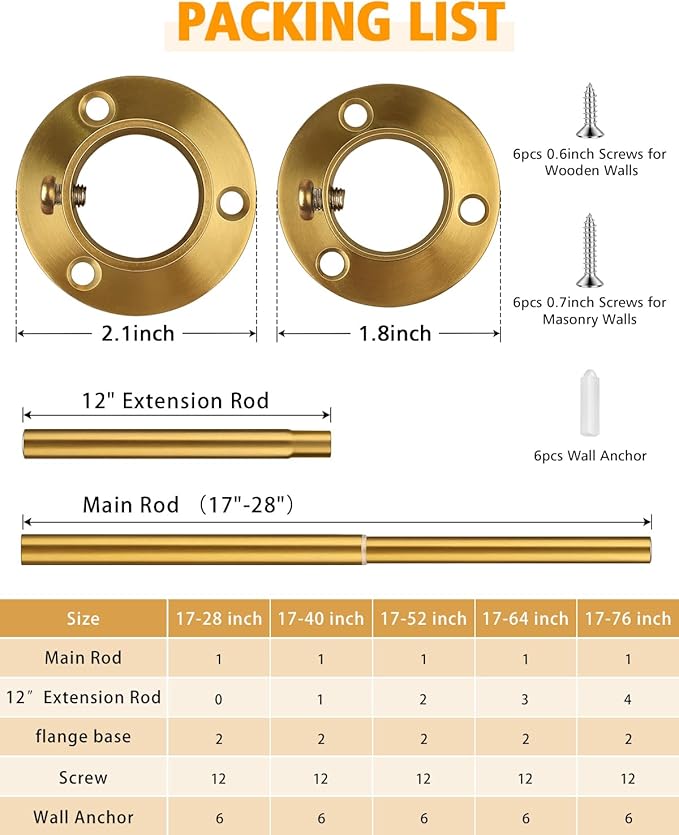 Closet Rods for Hanging Clothes, 17-76 Inch Heavy Duty and Stepless Adjustable Closet Poles, Stainless Steel Closet Hanging Rod for Closet, Wardrobes, Laundry Room, Bathroom, RV (Gold)
