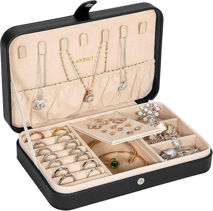 LANDICI Small Jewelry Box for Women Girls, PU Leather Travel Jewelry Case, Portable Jewelry Organizer Storage Holder Display for Ring Earrings Necklace Bracelet Bangle Men Kids Gift, Black