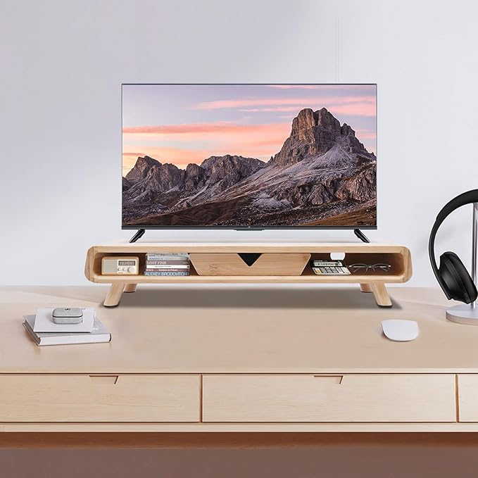 Monitor Stand Riser, 24inch Large Desk Computer Monitor Stand with 2 Wire Holes & Back Baffle, V-shaped Drawer, Desk Shelf Adds Storage for PC Monitor, Laptop, Printer