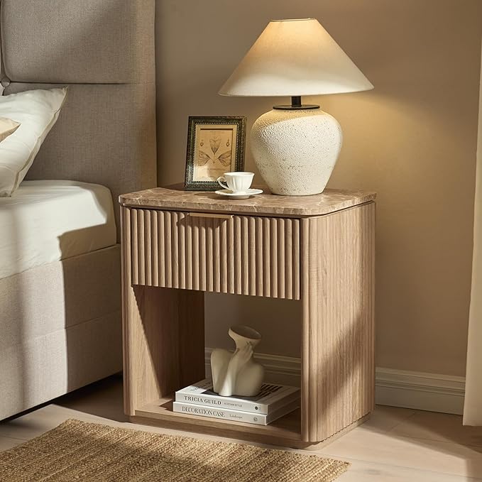 Fluted Nightstand Set of 2, Bedside Table with Faux Marble-Top, Engineered Wood Side Table with Drawer Open Shelf, Curved Corners, Modern Night Stand for Bedroom, Small Spaces, Natural Oak