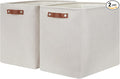 HNZIGE Collapsible Canvas Linen Storage Basket, Set of 2, Large Fabric Cloth Baskets, Rectangular Shelf Baskets with Leather Handles, Organizing Storage Baskets for Storage Closet, Home, Office(Gream)