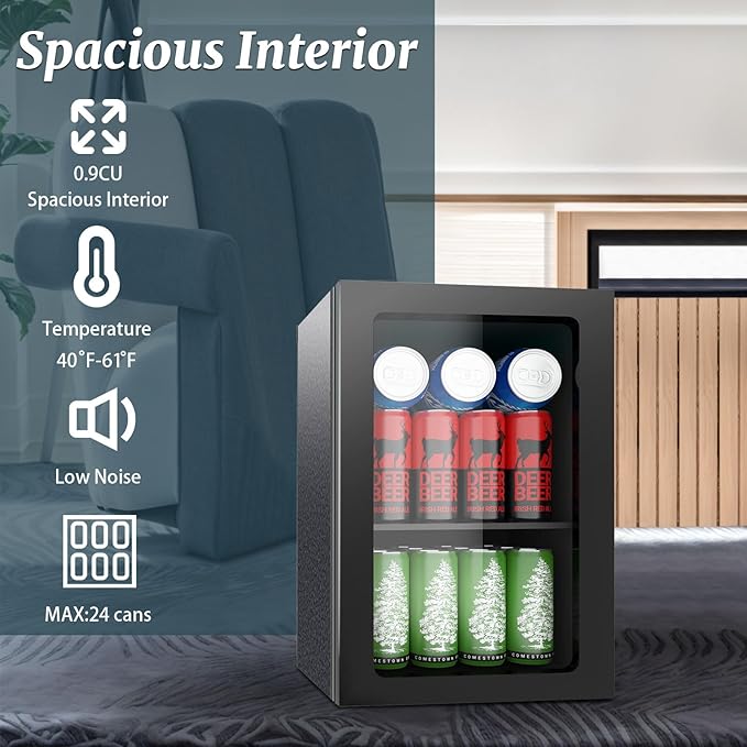 Stopasd Beverage Refrigerator Cooler, 0.9 Cu.Ft/24 Can Drink Fridge with Adjustable Shelves & Clear Door for Soda Wine Beer, Countertop Mini Fridge, Compact Design for Home/Office/Bar (40-61 ℉), Black