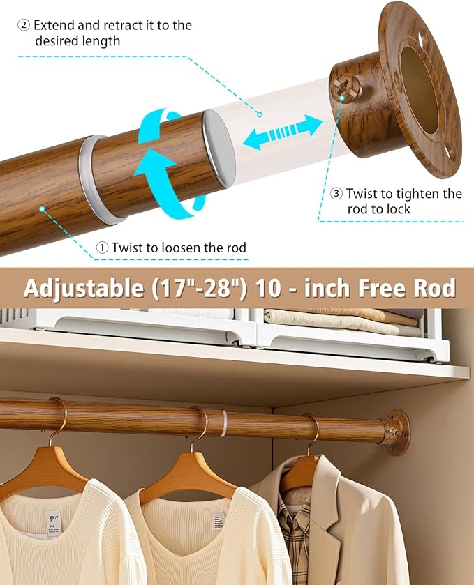 Closet Rods for Hanging Clothes, 17-28 Inch Heavy Duty and Stepless Adjustable Closet Poles, Stainless Steel Closet Hanging Rod for Wardrobes, Laundry Room, Bathroom, RV (Wood-Grain Finish)