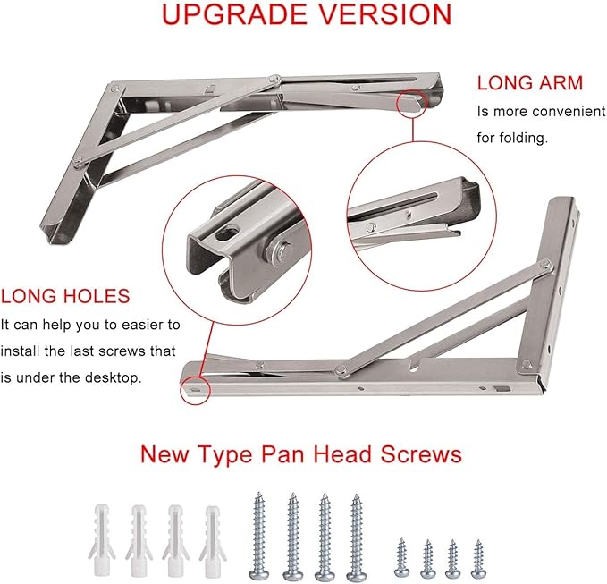 YUMORE 24" Folding Shelf Brackets, Max Load: 330lb Heavy Duty Stainless Steel Collapsible Shelf Bracket for Table Work Bench, Space Saving DIY Bracket, Pack of 2
