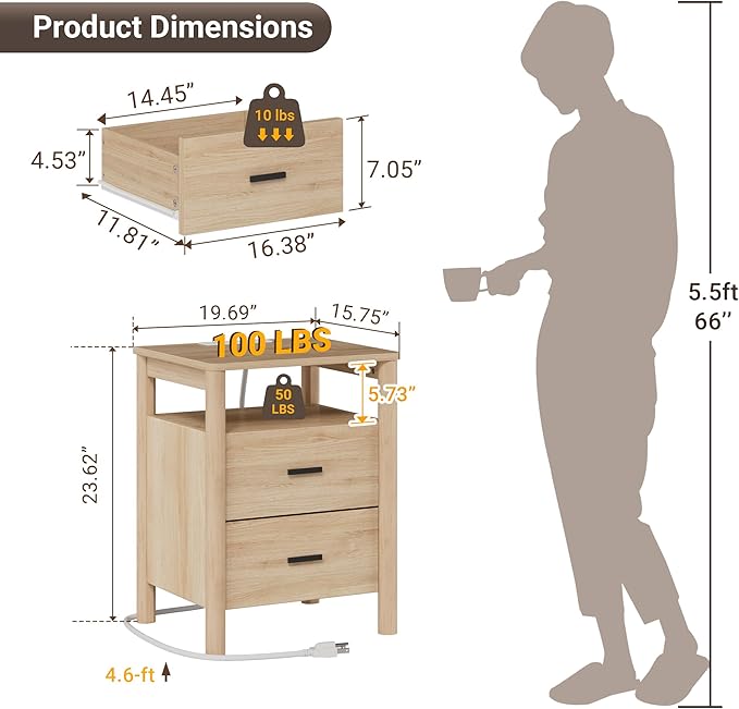 Night Stand Set of 2 with Charging Station, 20" Large Modern Side Table with Solid Round Post Legs, 2 Drawers End Table with Open Shelf, Nightstand for Bedroom, Natural Oak