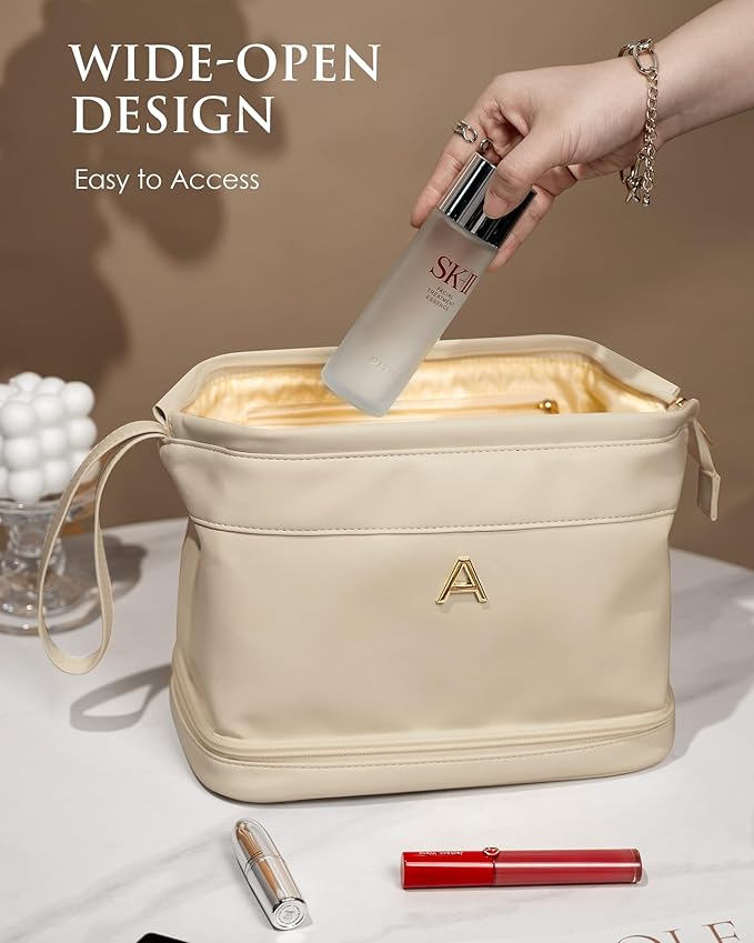 Wedding Gift Initial Makeup Bag, Personalized Double Layer Cosmetic Bag with Makeup Brush Organizer, Waterproof, Large Capacity PU Leather Travel Toiletry Bag Retirement Gifts, Daughter Gifts