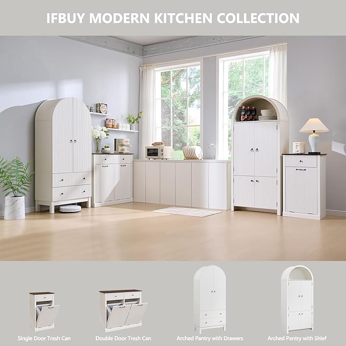 Modern Double Tilt-Out Laundry Hamper Cabinet, 20 Gallon Fluted Trash Can Cabinet w/2 Drawers, Wooden Hidden Garbage Can Cabinets with Laundry Basket, for Bathroom and Kitchen, Antique White