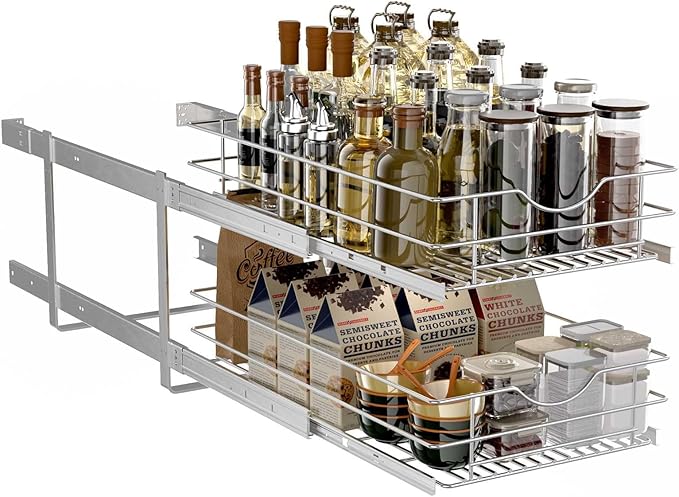 Pull Out Cabinet Organizer,(17½"W x 22" D) 2 Tier Soft Close Slide Out Drawer For Kitchen Base Cabinet, Individual Pull Out Shelf, Roll Out Pantry Organization, 22 Inch Deep