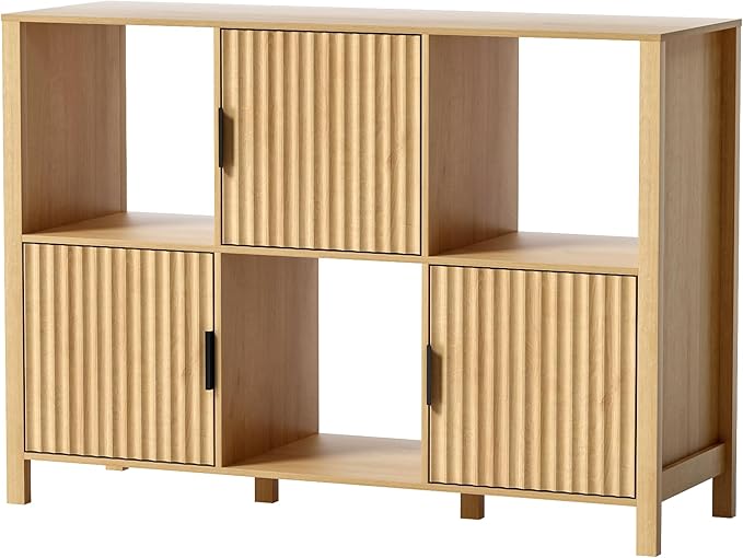 Fluted Storage Bookshelf, Modern Wooden 6 Cube Bookcase with Doors and Open Shelf, 2-Tier Short Organizer Shelf for Living Room, Bedroom Natural Oak