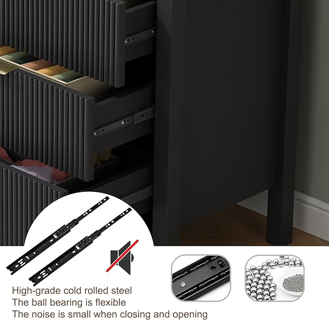6 Drawer Dresser, Modern Wide Storage Chest of Drawers Organizer with Waveform Panel, Fluted Dresser with Spacious Storage and Golden Handles for Bedroom, Hallway, Entryway, （Black 2PCS）