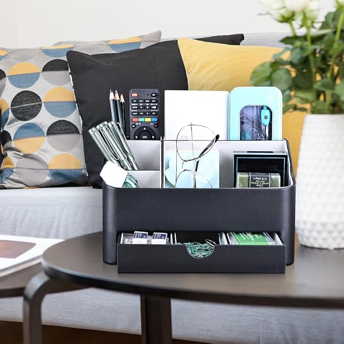 KINGFOM Desk Organizer with Drawer, Multifunction Pencil Holder for Desk, Desk Organizer and Accessories 5 Comparetments for Home Office Supplies (Black)