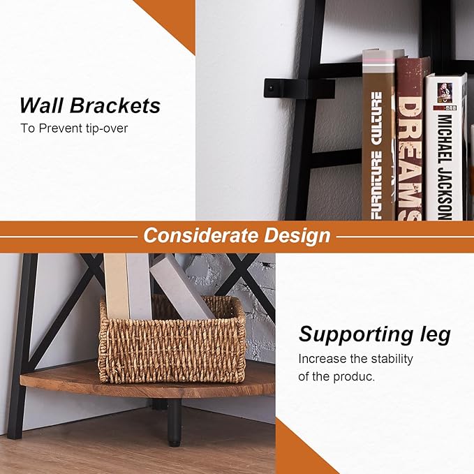 HOMBAZAAR 6 Tier Corner Shelf, 72 Inch Industrial Corner Bookshelf, Tall Ladder Bookcase with Metal Frame, Rustic Shelf Stand for Living Room, Bedroom, Office, Rustic Brown