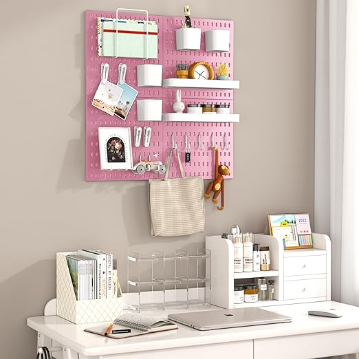 Peg Board Combination Kit, 8 Pegboards with 40 Accessories, Pegboard Wall Organizer for Office, Nursery & Home Storage, Key Holder, 51.2"x25.6" – Nail-Free Installation（Pink）