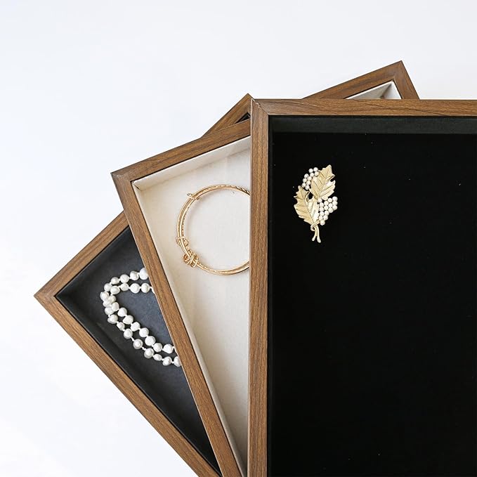 MOOCA 2 Pcs Wooden Jewelry Display Tray, Presentation Tray, Organizer for Rings, Necklaces, Earrings, and Accessories, Walnut Color with Grey Suede, 14" W x 9.6" D x 1.2" H