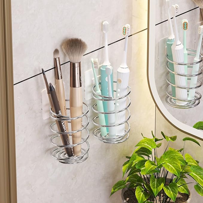 Wall-Mounted Spiral Hair Tool Holder, Adhesive Bathroom Organizer for Toothbrush and Makeup Brushes, Stainless Steel, 8 x 7 cm (2)