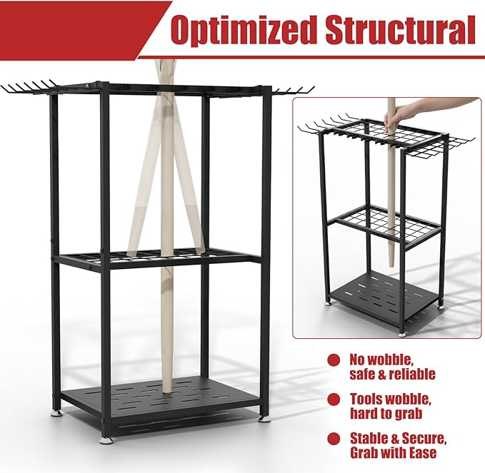 Garden Tool Organizer, 3-Tier Metal Yard Tool Rack with 14 Hooks & 5 Slots, Holds 50+ Rakes/Shovels/Brooms, Heavy Duty Freestanding Lawn Tool Storage for Garage Shed Outdoor Organization
