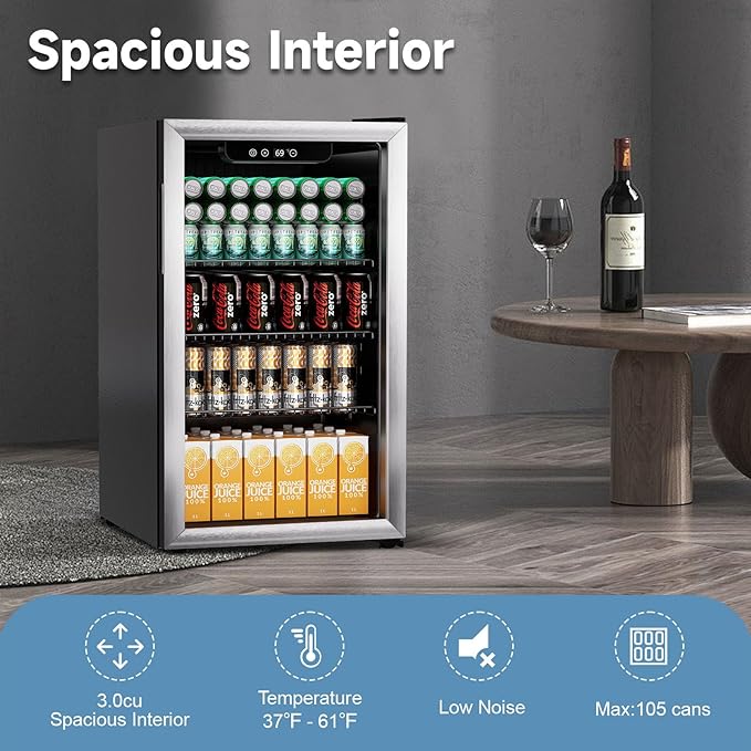 3.1 Cu.ft Beverage Refrigerator Cooler, 110 Can Mini Fridge with Glass Door, Digital Temperature Display for Soda, Beer or Wine For Office Bar with Adjustable Removable Shelves
