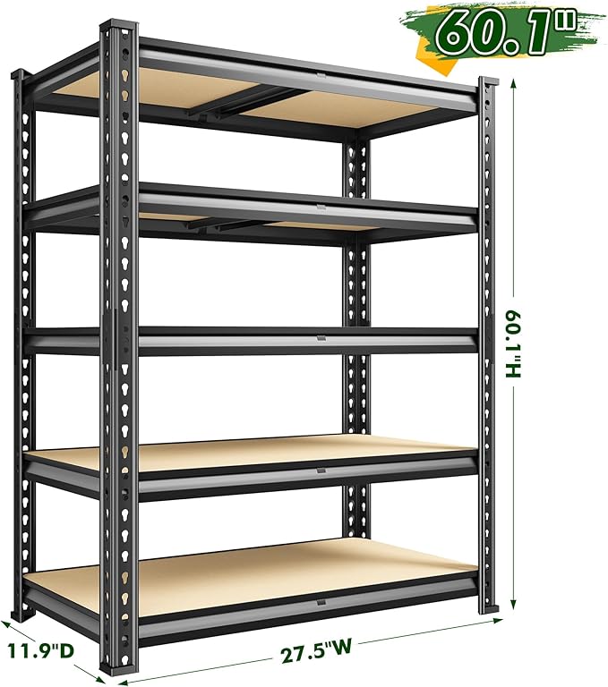 60.1" H Garage Storage Shelves 1990LBS Storage Shelves, 5 Tier Adjustable Metal Shelving, Garage Shelving for Storage, Basement, Warehouse, Pantry, Kitchen, 27.5" W x 11.9" D x 60.1" H, Black, 2 Pack