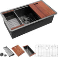 Lordear 32 Undermount Kitchen Sink 32X19 Inch Sinks Ledge Workstation Gunmetal Black 16 Gauge Stainless Steel Single Bowl Under Counter Kitchen Sink Basin with Built- in Accessories