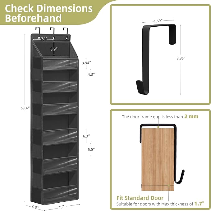 Over Door Organizer with 6 Extra Large Pockets 12 Side Pockets, Sturdy Closet Storage Rack, Hanging Storage Organizer with Clear Window for Shoes, Diapers, Toys, Bedroom, Bathroom, Black