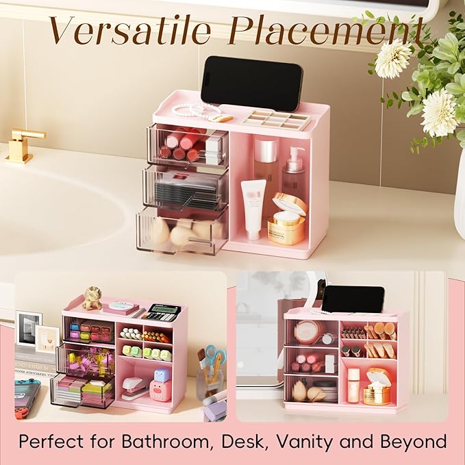 Small Makeup Organizer with Drawers, Stackable Bathroom Couneter Organizer with Phone Holder, Versatile Vanity Organizer Countertop, Cosmetic Organizer for Makeup Brush, Skin Care, Lotion -Pink,1Pack