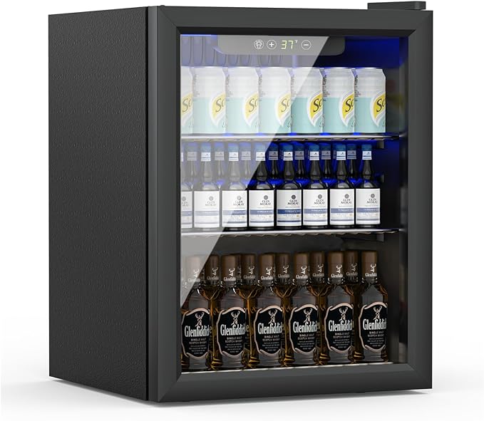 Compact Beverage Refrigerator,70 Can/1.6 Cubic Feet Fridge with Glass Front Door for Soda, Beer or Wine, Under Counter Small Refrigerator with Adjustable Shelve & Digital Display