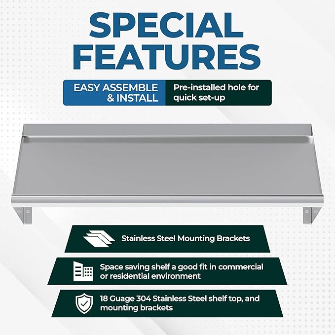 304 Stainless Steel Slanted Wall Rack Shelf with Drain Outlet – 21" x 22.5" | Compact Wall-Mounted Drip Shelf for Commercial Kitchen or Bar (21 in. x 22 1/2 in)