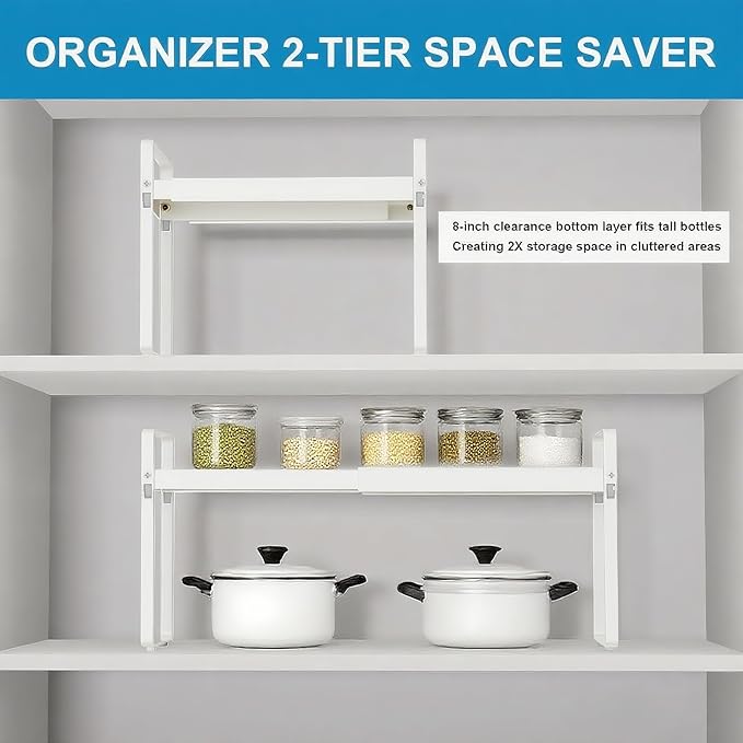 Expandable Cabinet Shelf Organizer 14-25 Inch Adjustable Length, 9" Wide 2-Tier (8" Bottom Layer) Metal Storage Rack for Kitchen Pantry, Under Sink Countertop - Heavy Duty White(2 Pack)