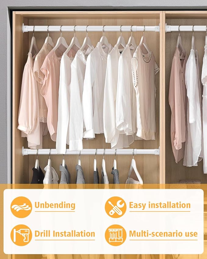 Closet Rod, 17 to 28 Inch Heavy Duty Adjustable Metal Clothing Rack for Hanging Clothes, Closet Poles for Wardrobes, Laundry, Durable Steel, White