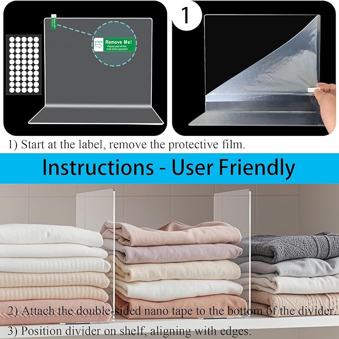 Shelf Dividers for Closet Organization: Acrylic Shelf Dividers for Clothes Sweater Purse - Clear Closet Organizers and Storage Separators for Shelves, 8Pack