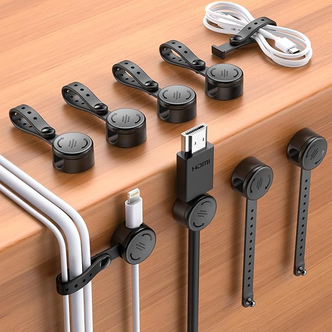 8 Pack Cord Organizer Clips with Silicone Cable Ties [2 in 1], Magnetic Cable Organizer [Smooth Adjustable & 1s Lock], Strong Adhesive Cord Holder Wire Organizer Keeper for Nightstand Desk