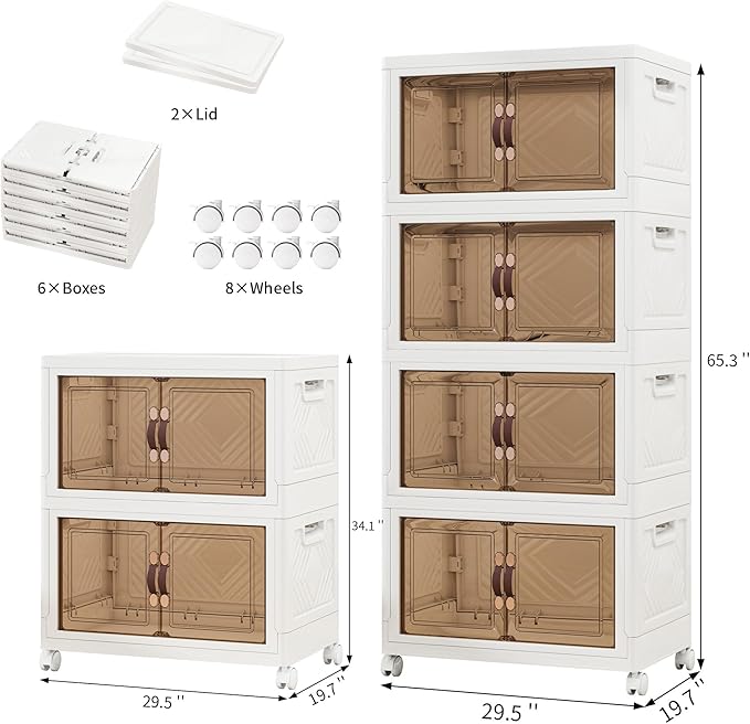 Storage Bins with 2 Lids and Wheels, Collapsible Bathroom Storage Cabinet with Clear Doors, Plastic Stackable Closet Organizers and Storage Containers White 942 QT