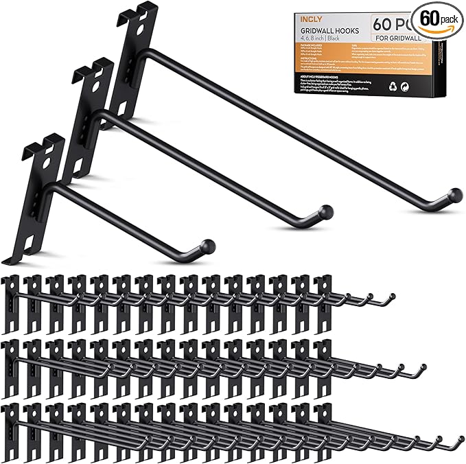 INCLY 4/6/8 Inch Gridwall Hooks, 60 Pack Heavy Duty Black Display Hooks for Grid Wall Panels, Grid Wall Accessory for Storage Display Clothes in Retail Shop Garage