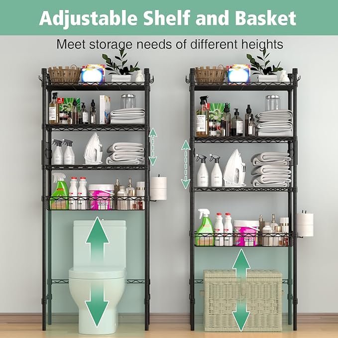 PrimeZone Over The Toilet Storage Shelf - 4 Tier Adjustable Metal Bathroom Wire Shelves Organizer with 2 Hooks, Freestanding Above Toilet Storage Rack for Bathroom Laundry, White
