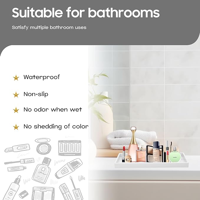 Vanity and Bathroom Tray, 11.8" ABS Countertop Organizer,Waterproof Vanity Tray for Toilet Tank,Perfume,Soap,Keys,Bathroom Accessories,Kitchen and Bath Trays,Non Slip Small Trays,White,2 Pack