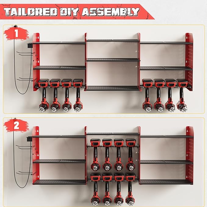 Power Tool Organizer with Charging Station Wall Mount, 3 Layer Expanded Heavy Duty Garage Organization, 45.5 Inch Length Garage Tool Storage, 8 Drills, 2 Assemble Method, Red