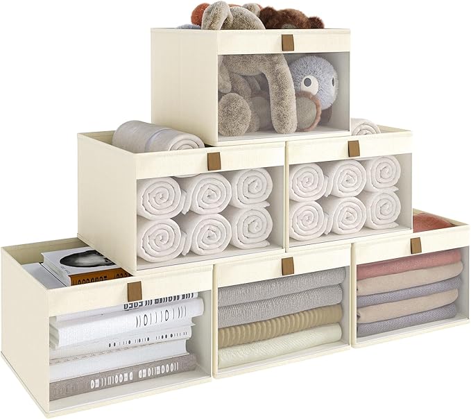Linen Closet Organizers and Storage, Closet Storage Bins Basket Organizer, Foldable Organization Baskets with Mesh Window for Clothes Towels and Toys, 12.75" x 12.75" x 9", Beige, 6 pack