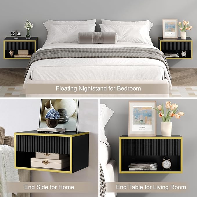 4ever2buy Floating Nightstand Set of 2, Modern Wall Mounted Nightstand with Open Shelf and Fluted Drawer, Black and Gold Night Stand for Bedroom, (Black, 2)